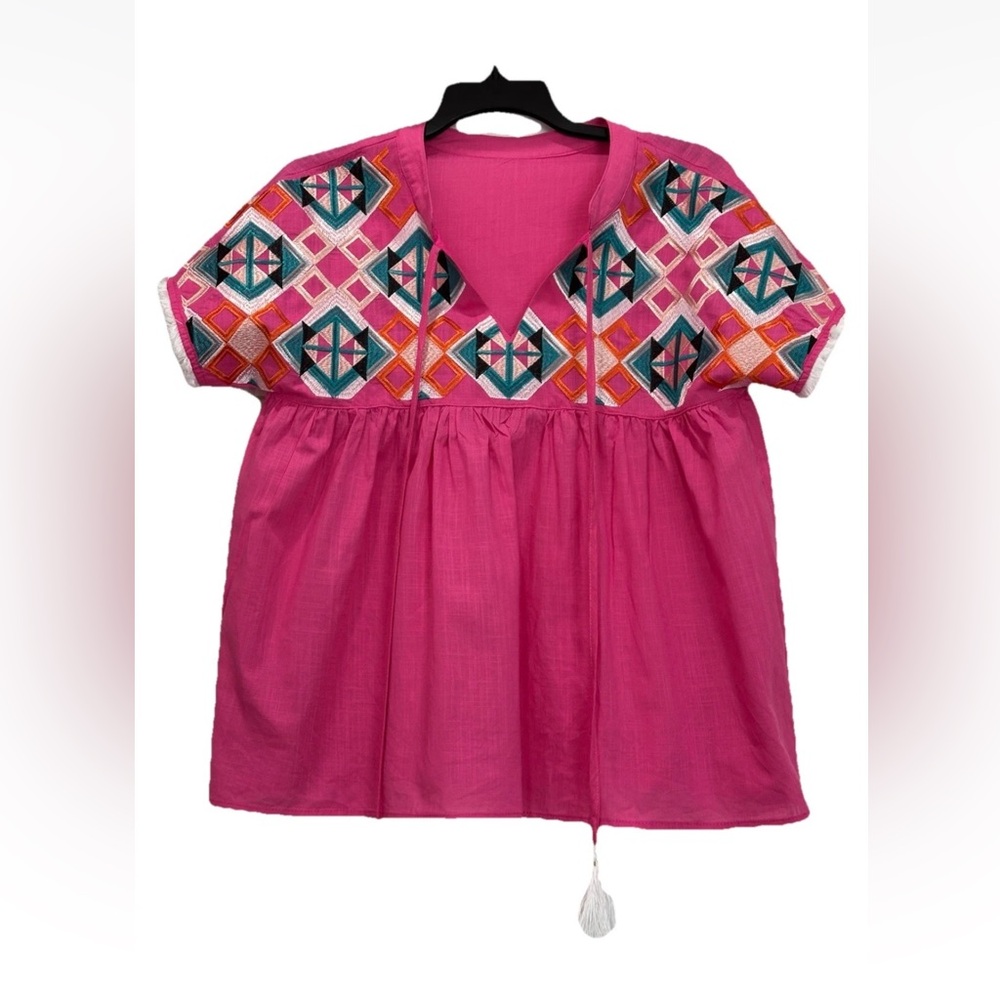 STRAWBERRY PINK Geometric Embroidered Tassle Tie Cotton Boho Top Size Small